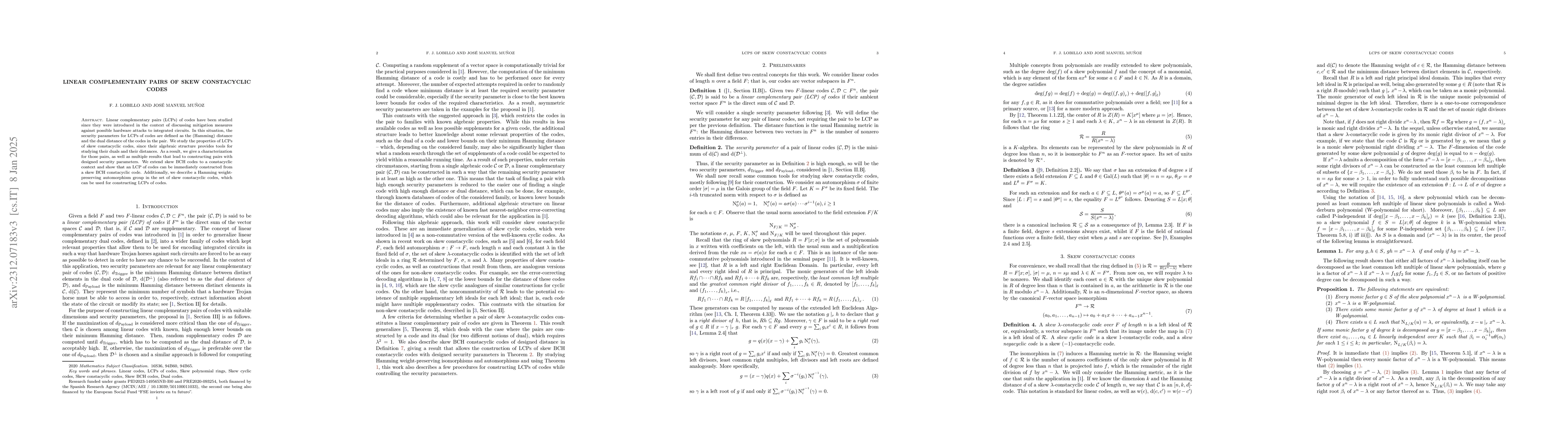Thumbnail for Linear complementary pairs of skew constacyclic codes