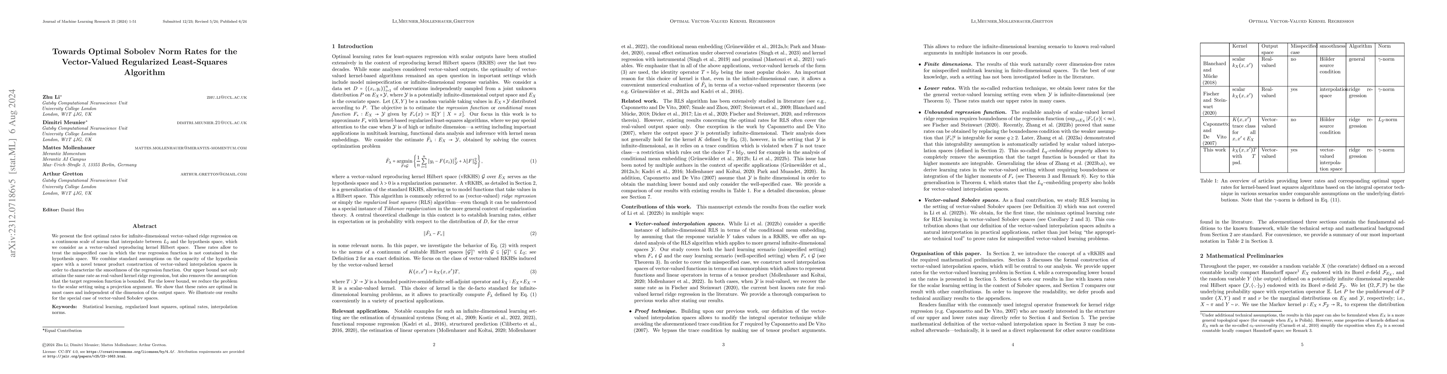 Thumbnail for Towards Optimal Sobolev Norm Rates for the Vector-Valued Regularized
  Least-Squares Algorithm