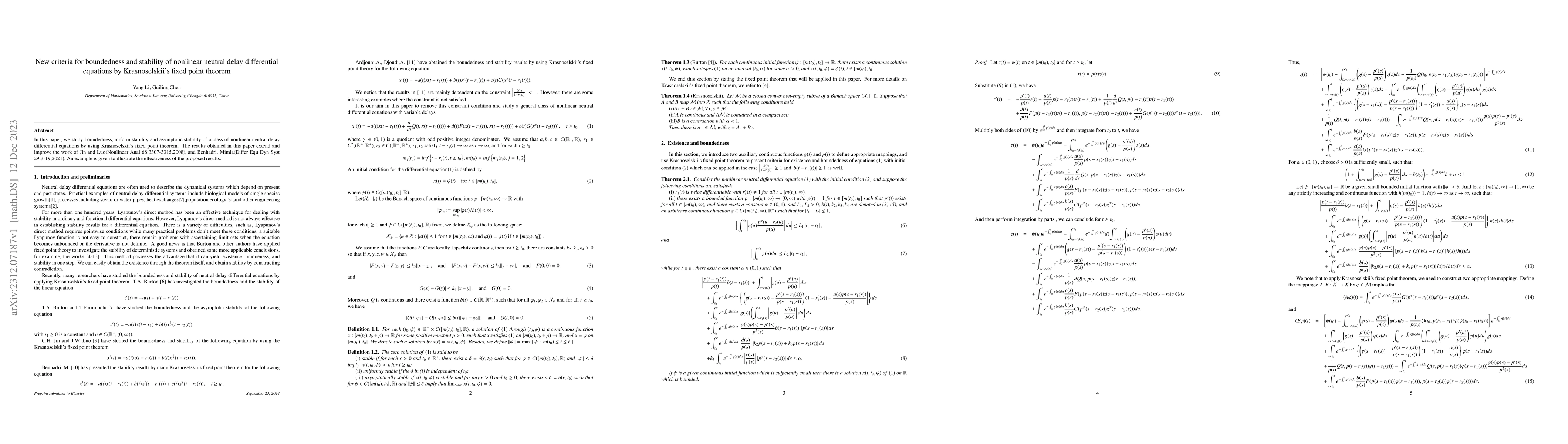 Thumbnail for New criteria for boundedness and stability of nonlinear neutral delay
  differential equations by Krasnoselskii's fixed point theorem