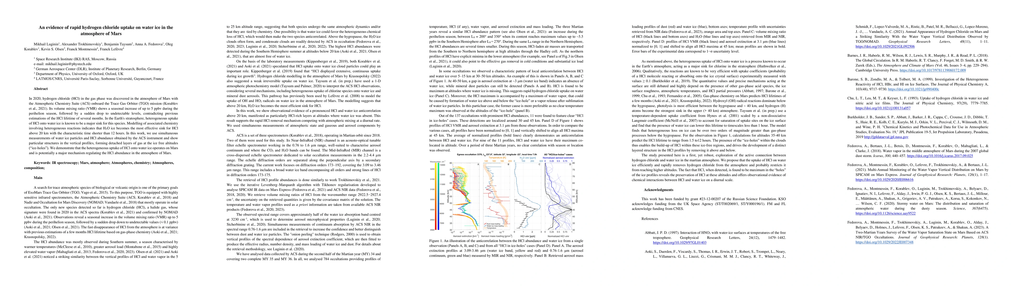 Thumbnail for An evidence of rapid hydrogen chloride uptake on water ice in the
  atmosphere of Mars