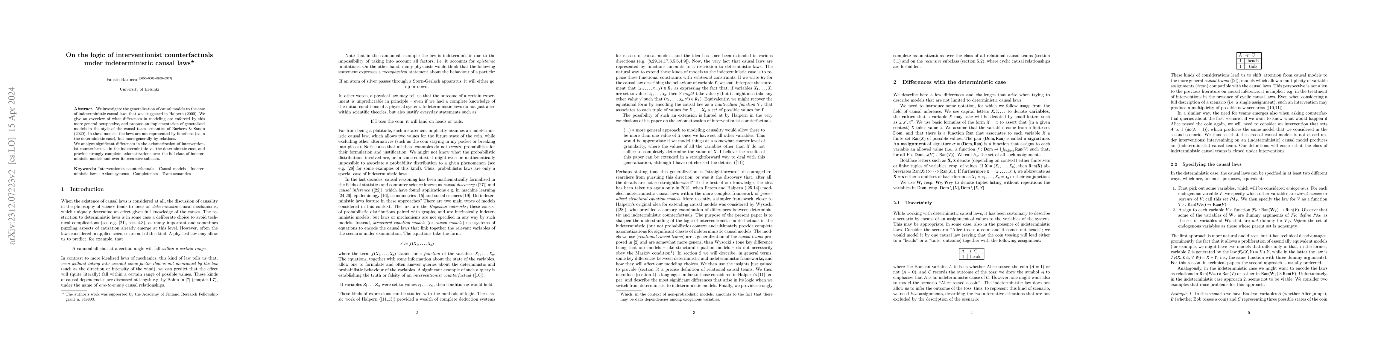 Thumbnail for On the logic of interventionist counterfactuals under indeterministic
  causal laws