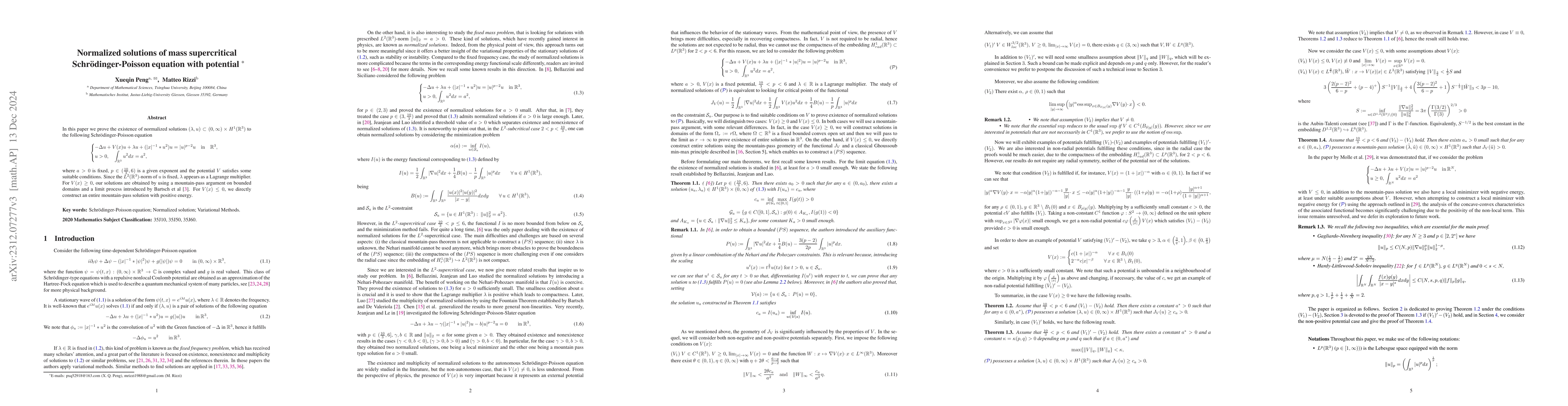 Thumbnail for Normalized solutions of mass supercritical Schrodinger-Poisson equation
  with potential