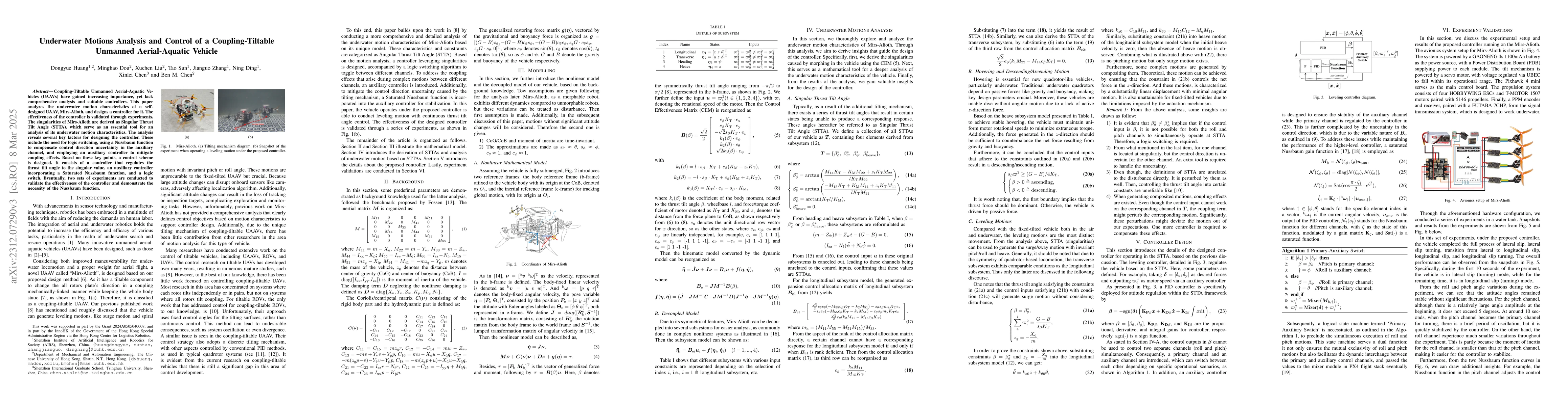 Thumbnail for Underwater motions analysis and control of a coupling-tiltable unmanned
  aerial-aquatic quadrotor
