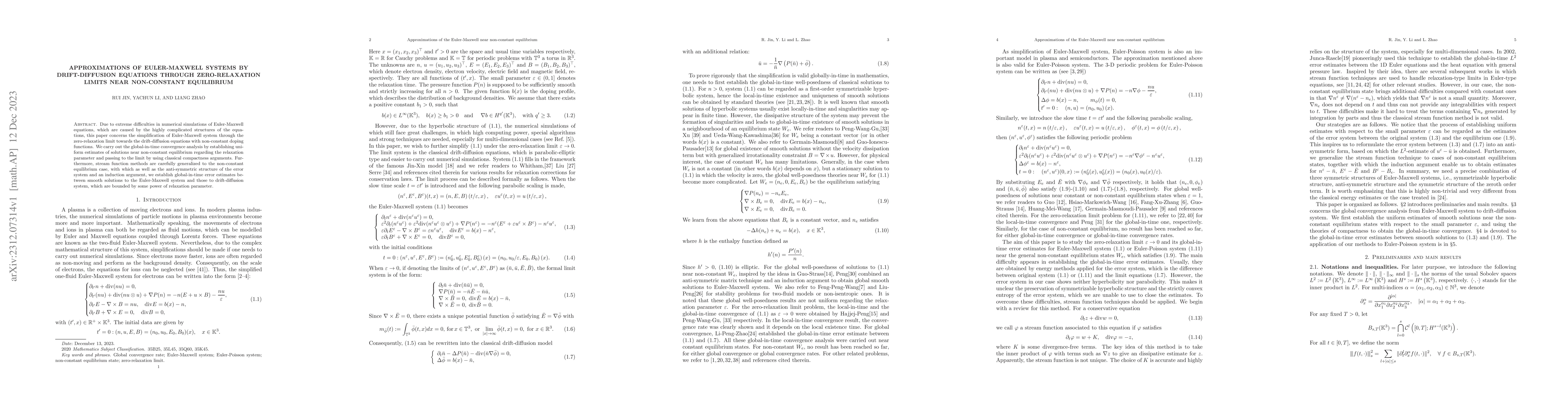 Thumbnail for Approximations of Euler-Maxwell systems by drift-diffusion equations
  through zero-relaxation limits near non-constant equilibrium