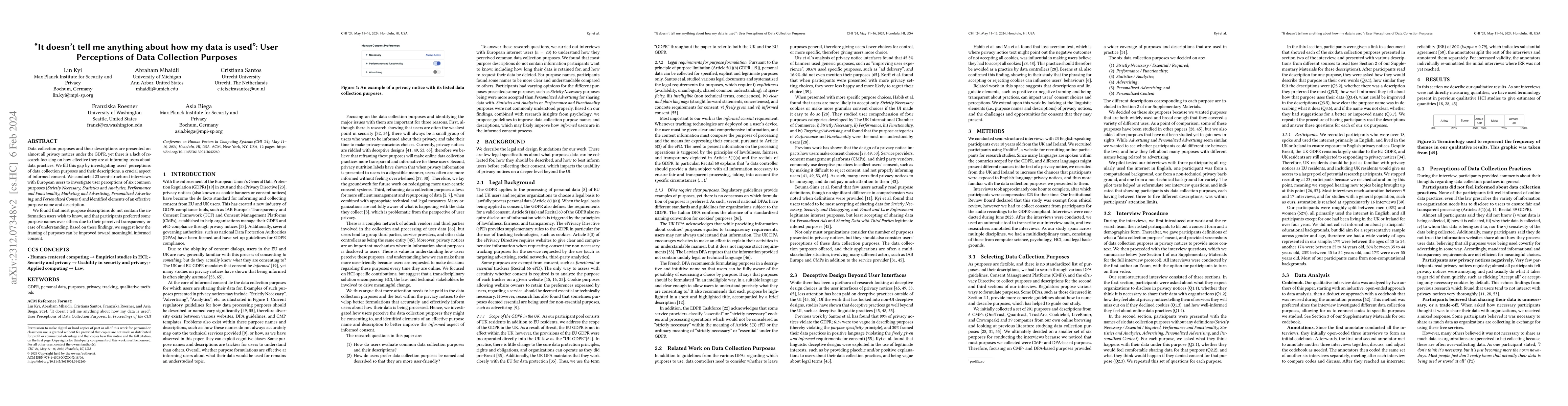 Thumbnail for "It doesn't tell me anything about how my data is used'': User
  Perceptions of Data Collection Purposes