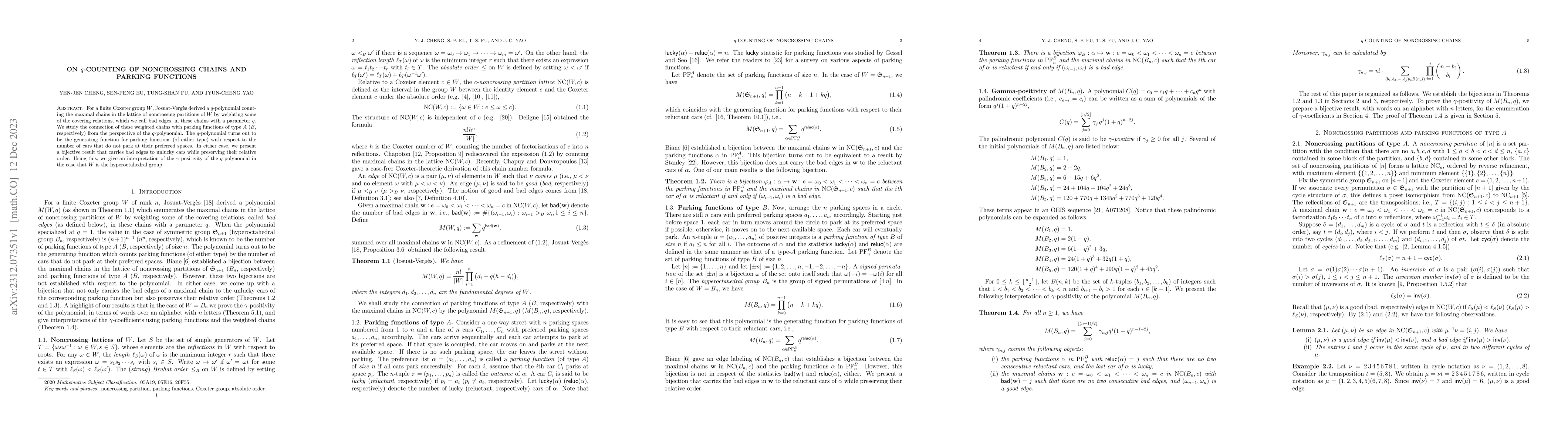 Thumbnail for On $q$-Counting of Noncrossing Chains and Parking Functions