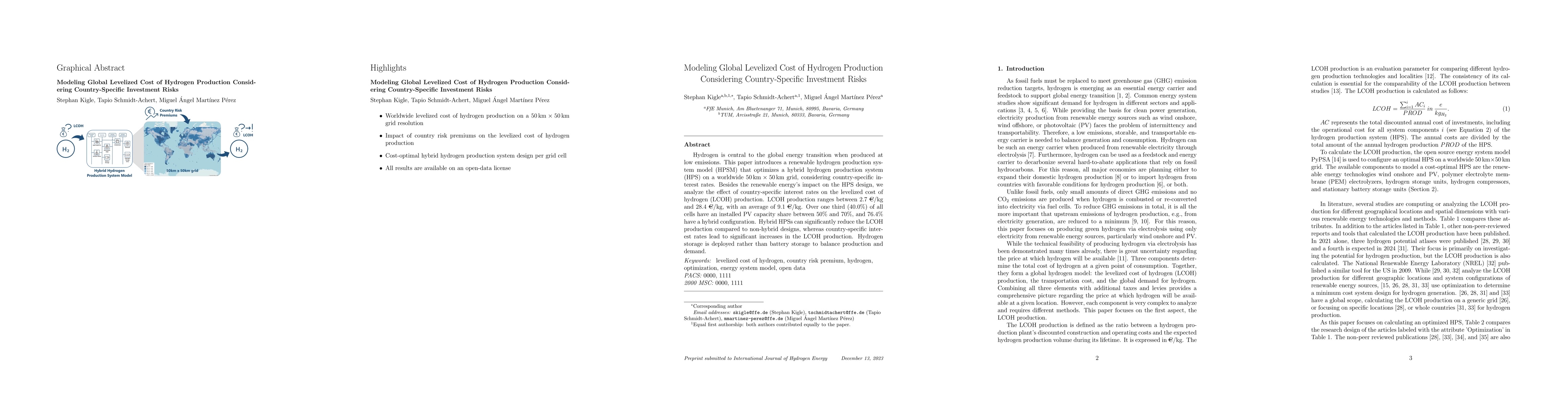 Thumbnail for Modeling Global Levelized Cost of Hydrogen Production Considering
  Country-Specific Investment Risks