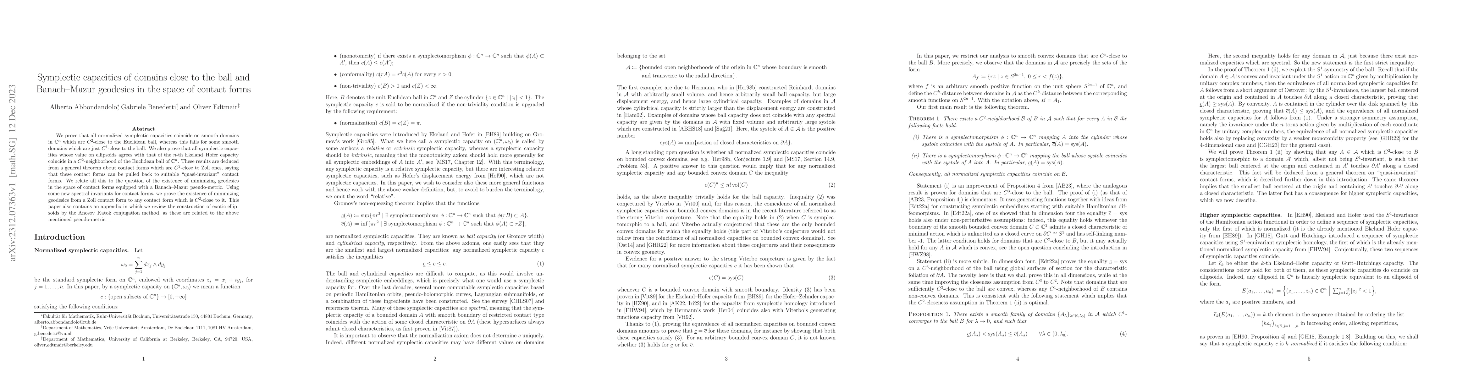 Thumbnail for Symplectic capacities of domains close to the ball and Banach-Mazur
  geodesics in the space of contact forms