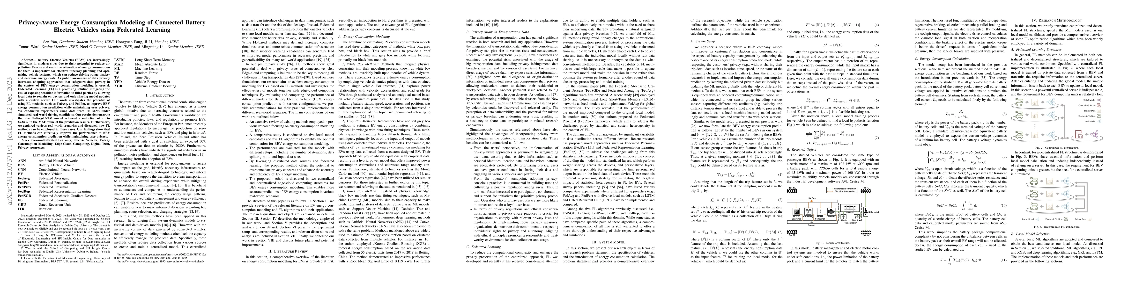 Thumbnail for Privacy-Aware Energy Consumption Modeling of Connected Battery Electric
  Vehicles using Federated Learning
