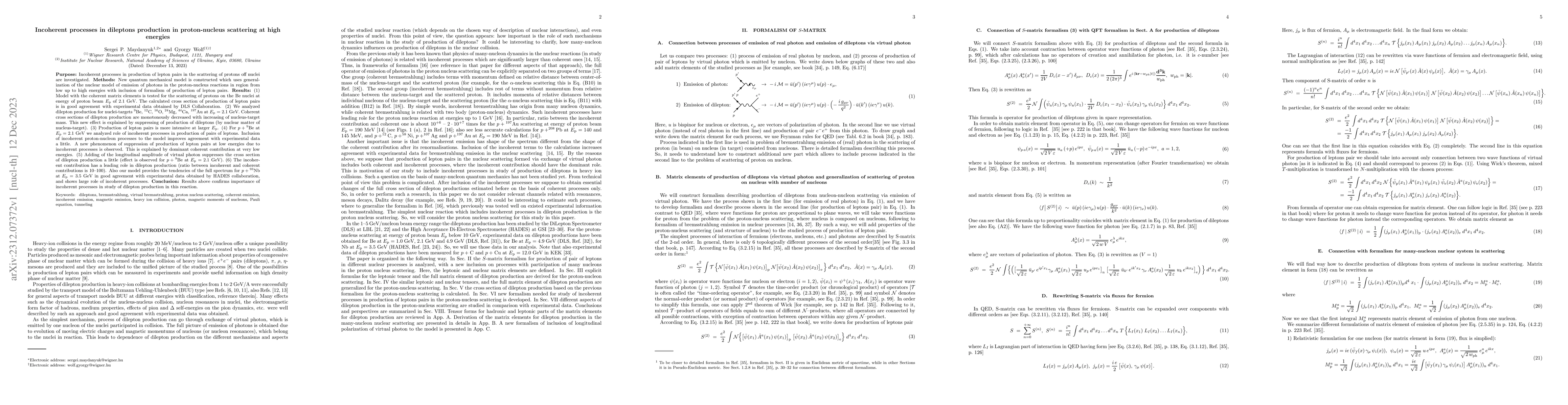 Thumbnail for Incoherent processes in dileptons production in proton-nucleus
  scattering at high energies