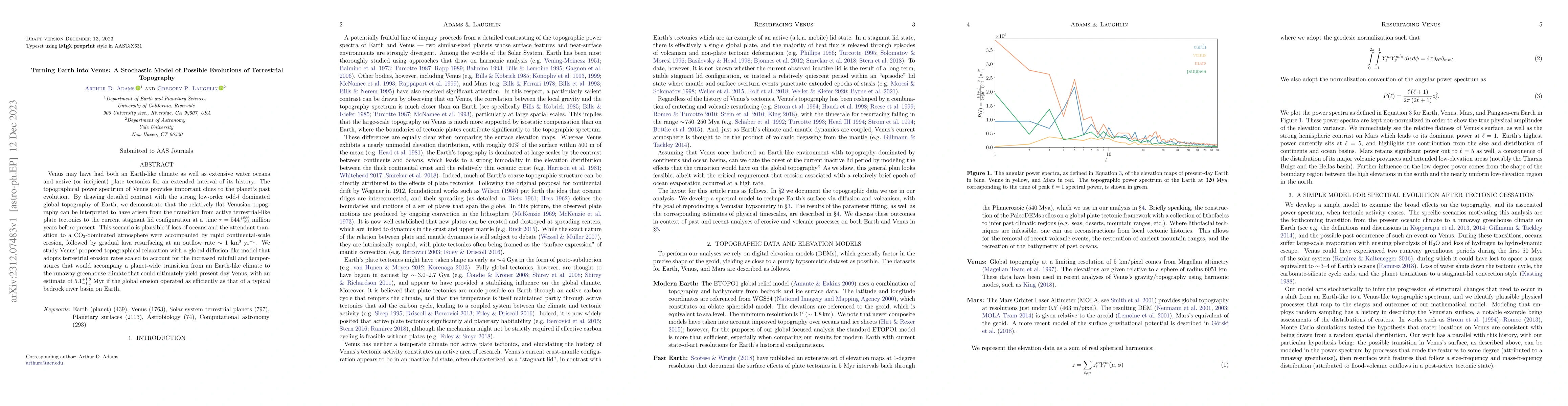Thumbnail for Turning Earth into Venus: A Stochastic Model of Possible Evolutions of
  Terrestrial Topography