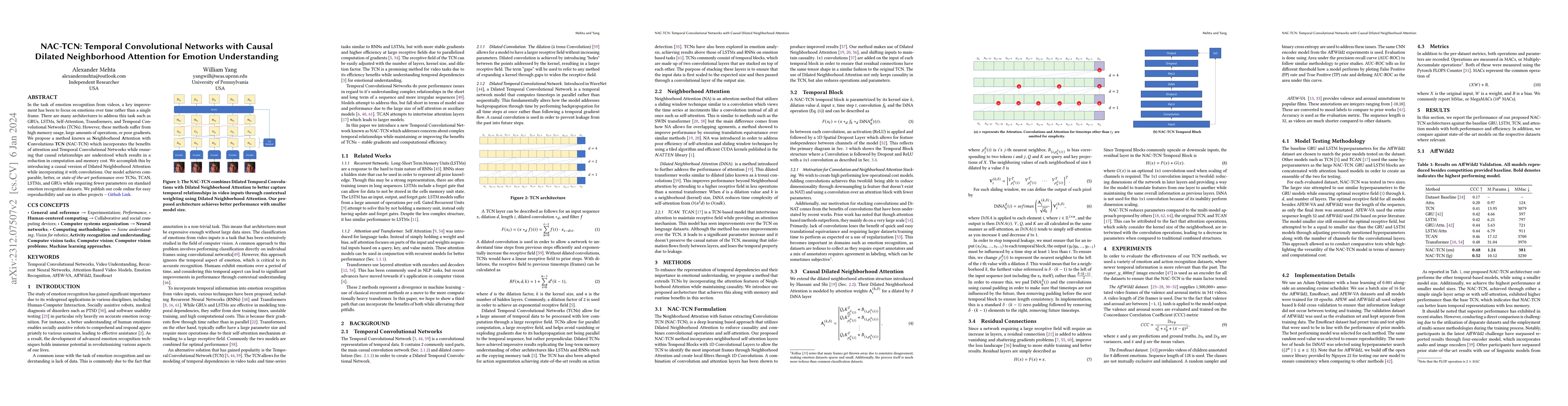 Thumbnail for NAC-TCN: Temporal Convolutional Networks with Causal Dilated
  Neighborhood Attention for Emotion Understanding