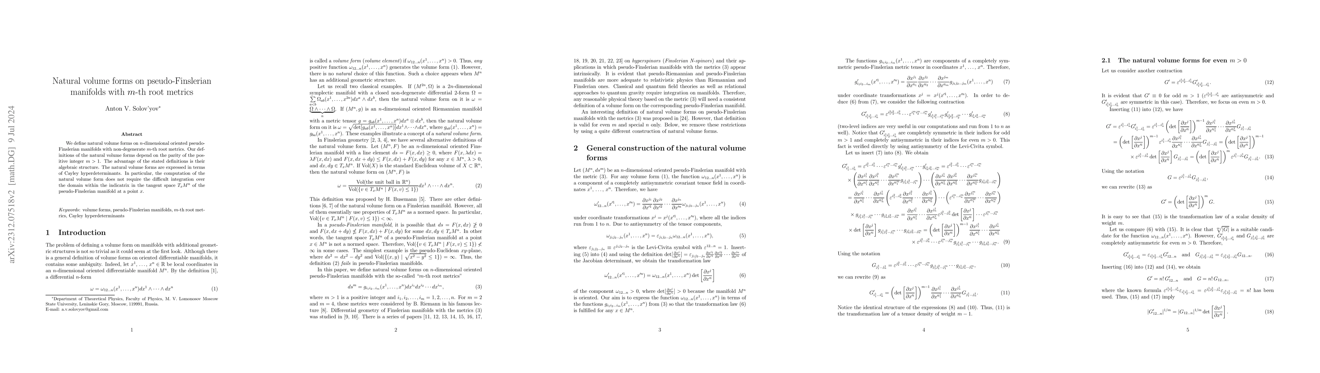 Thumbnail for Natural volume forms on pseudo-Finslerian manifolds with $m$-th root
  metrics
