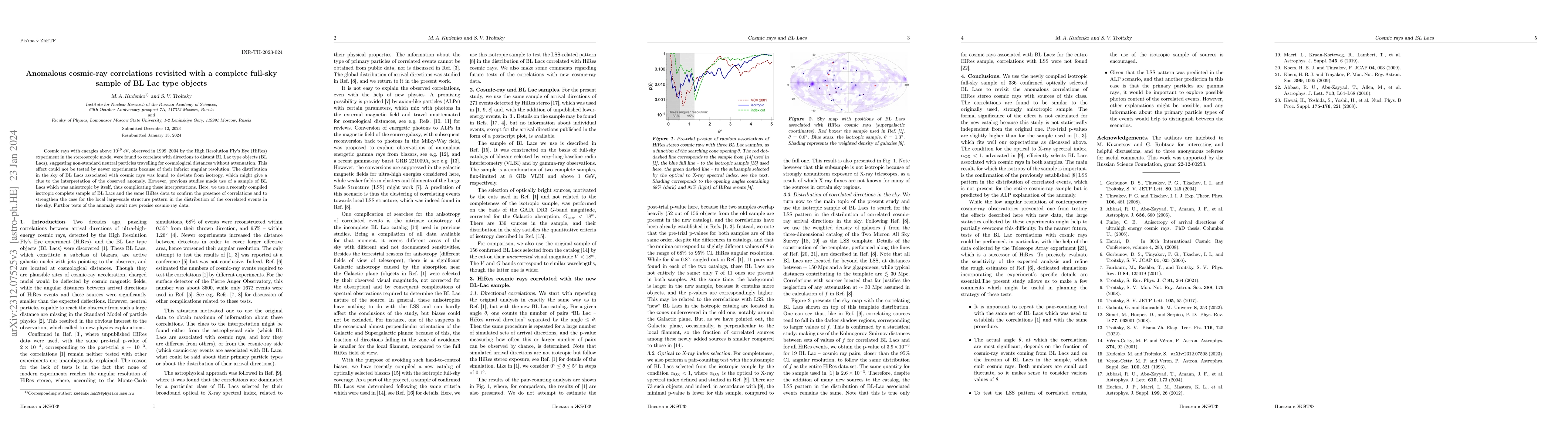 Thumbnail for Anomalous cosmic-ray correlations revisited with a complete full-sky
  sample of BL Lac type objects