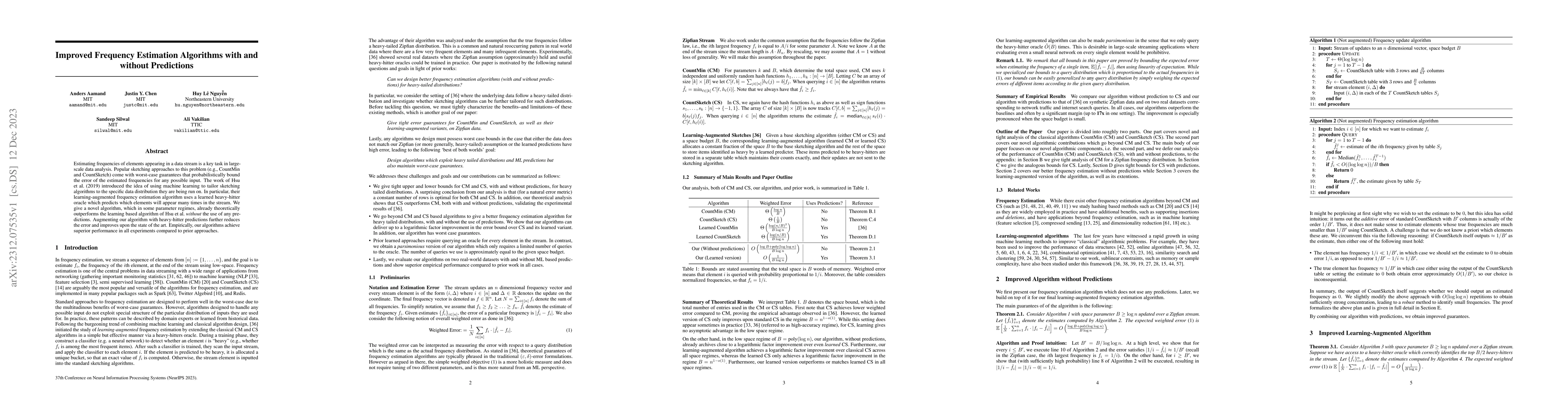 Thumbnail for Improved Frequency Estimation Algorithms with and without Predictions