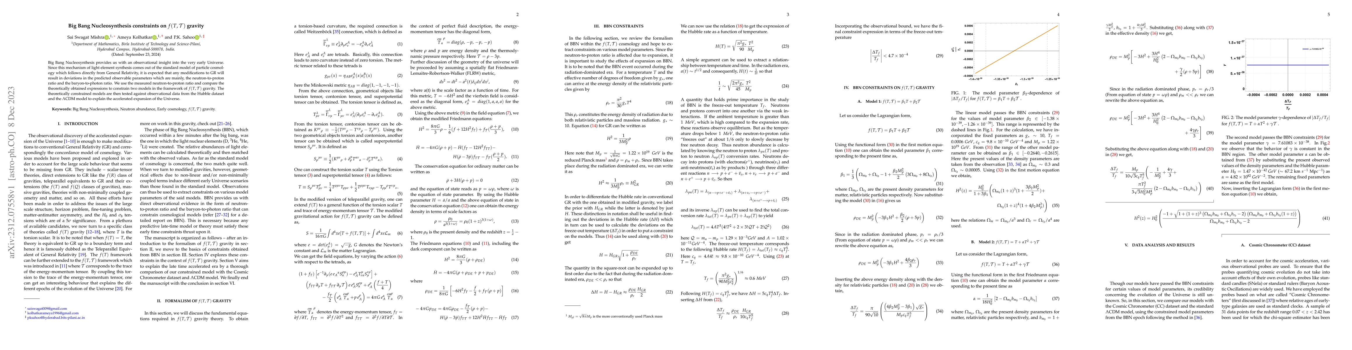 Thumbnail for Big Bang Nucleosynthesis constraints on $f(T, \mathcal{T})$ gravity