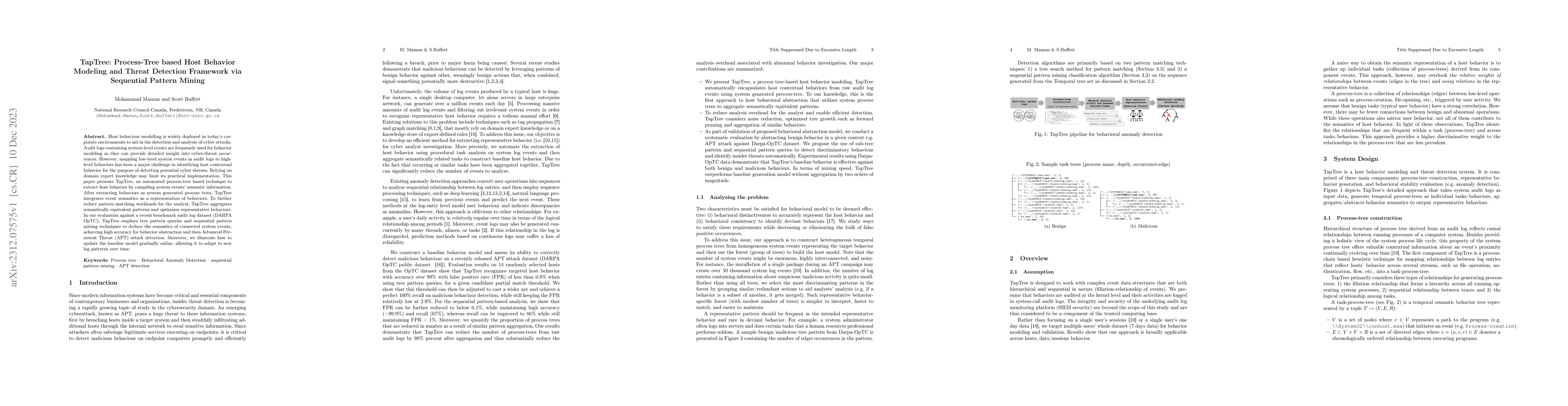 Thumbnail for TapTree: Process-Tree Based Host Behavior Modeling and Threat Detection
  Framework via Sequential Pattern Mining