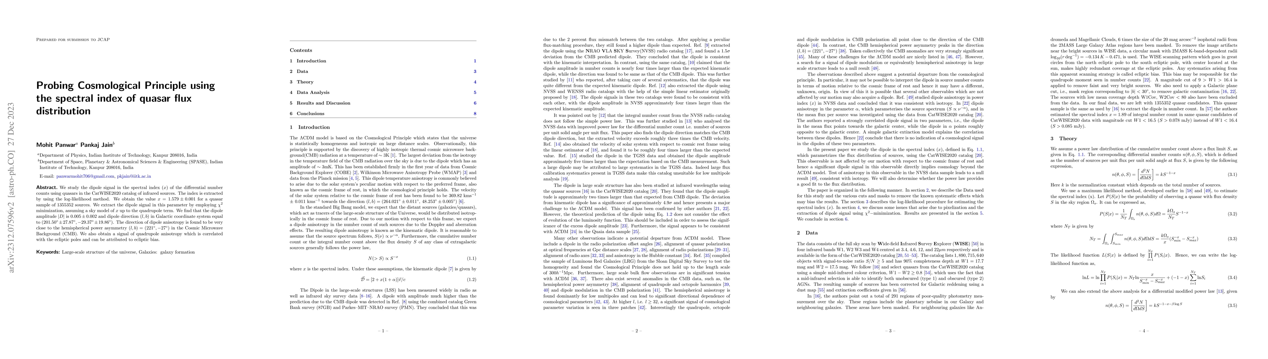 Thumbnail for Probing Cosmological Principle using the spectral index of quasar flux
  distribution