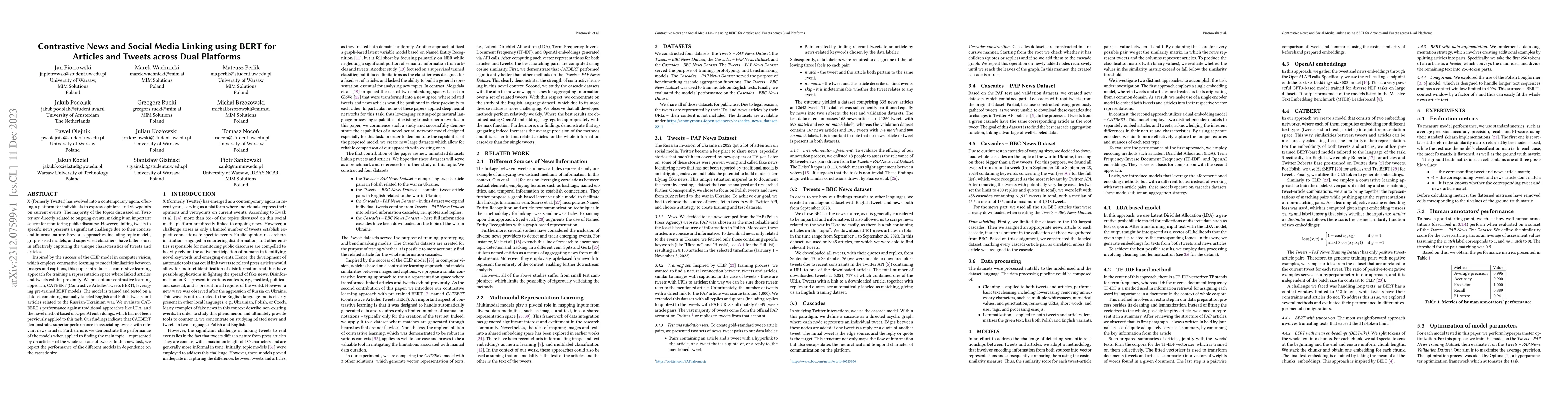 Thumbnail for Contrastive News and Social Media Linking using BERT for Articles and
  Tweets across Dual Platforms