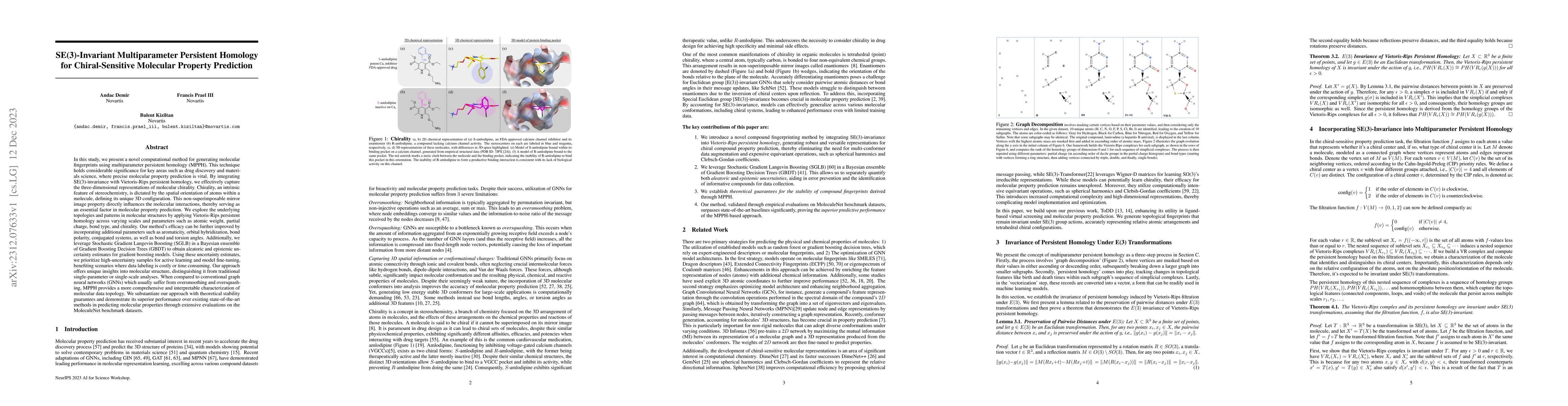 Thumbnail for SE(3)-Invariant Multiparameter Persistent Homology for Chiral-Sensitive
  Molecular Property Prediction