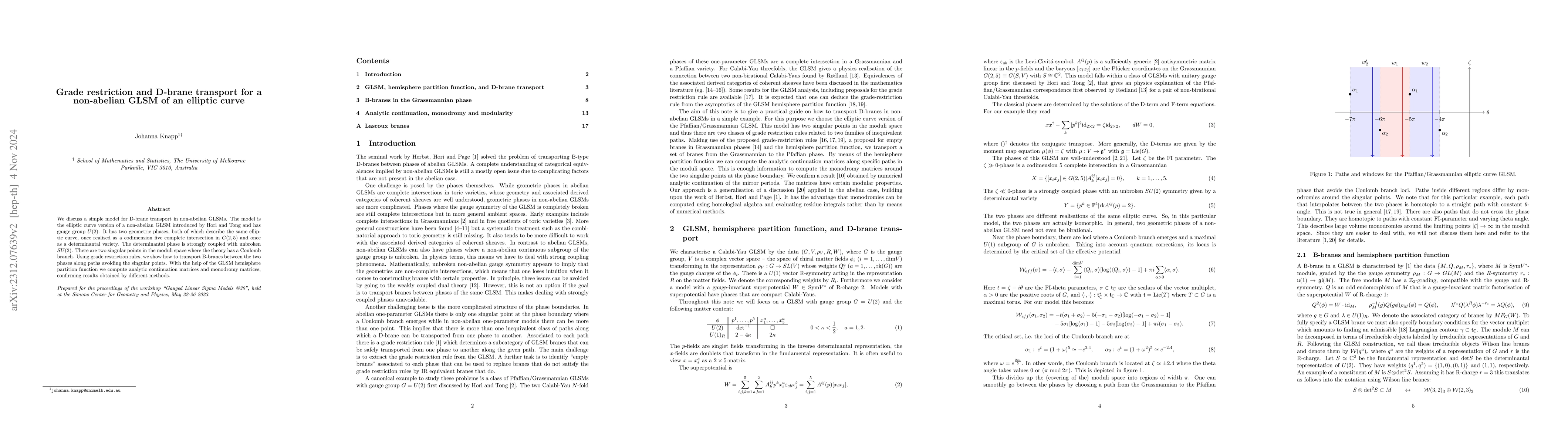 Thumbnail for Grade restriction and D-brane transport for a non-abelian GLSM of an
  elliptic curve
