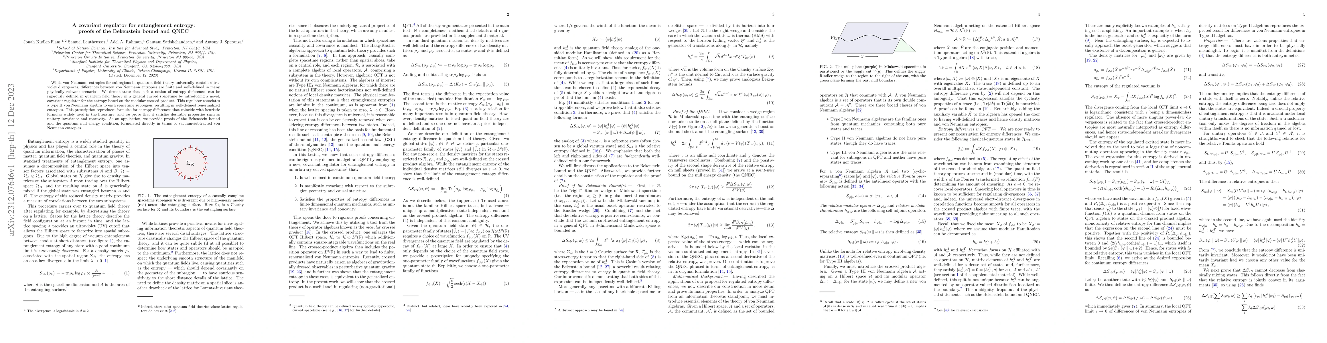 Thumbnail for A covariant regulator for entanglement entropy: proofs of the Bekenstein
  bound and QNEC