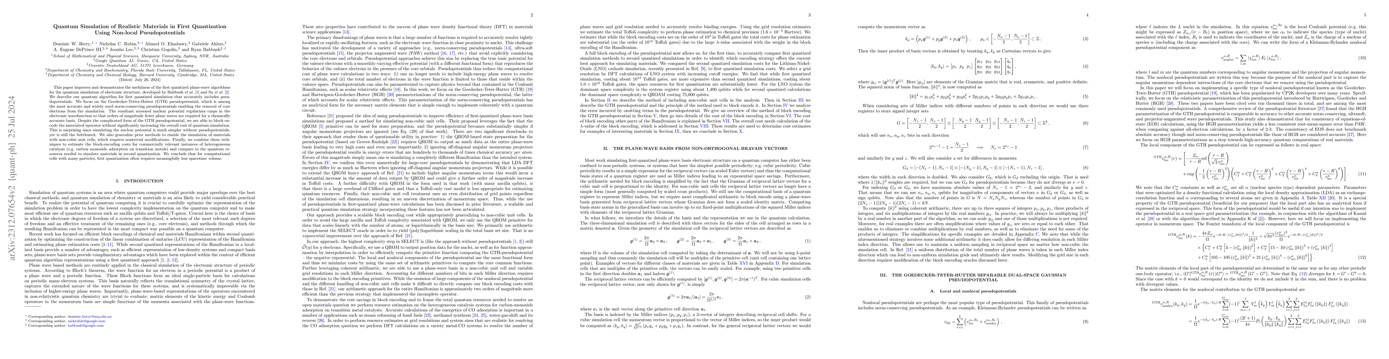 Thumbnail for Quantum Simulation of Realistic Materials in First Quantization Using
  Non-local Pseudopotentials