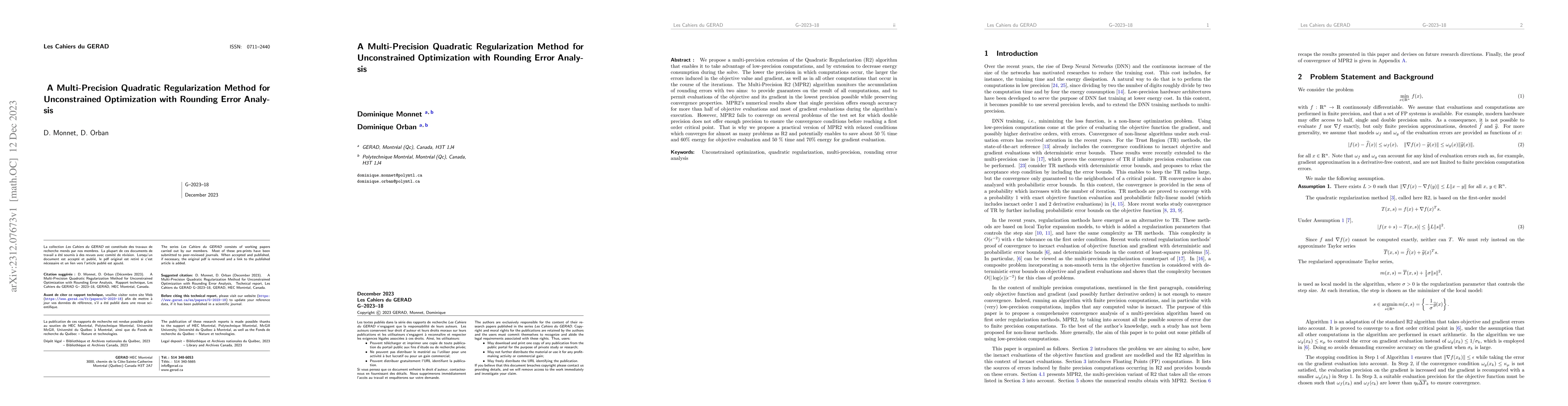 Thumbnail for A Multi-Precision Quadratic Regularization Method for Unconstrained
  Optimization with Rounding Error Analysis