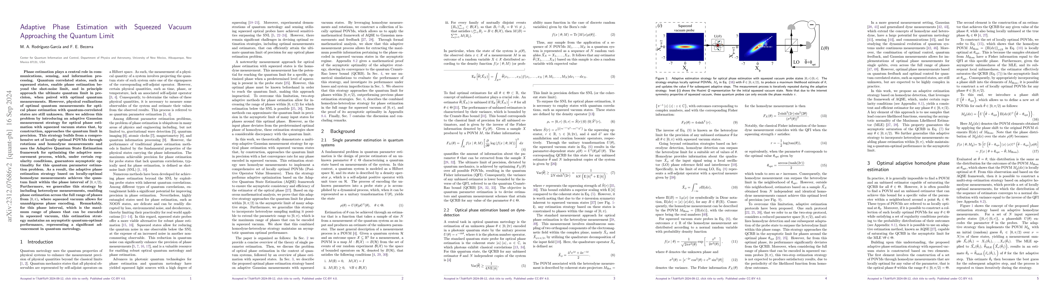 Thumbnail for Adaptive Phase Estimation with Squeezed Vacuum Approaching the Quantum
  Limit