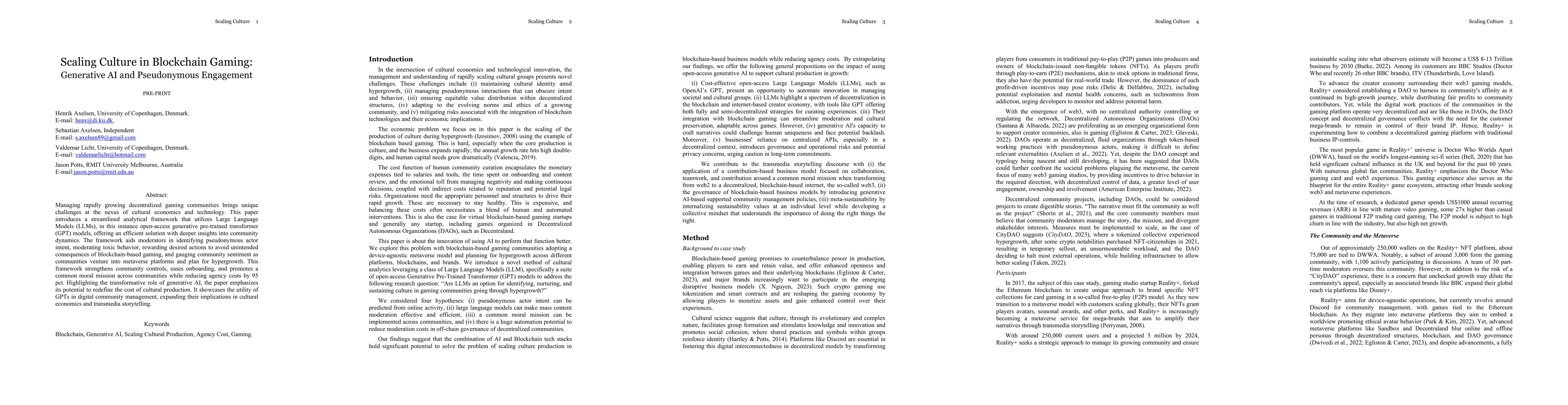 Thumbnail for Scaling Culture in Blockchain Gaming: Generative AI and Pseudonymous
  Engagement