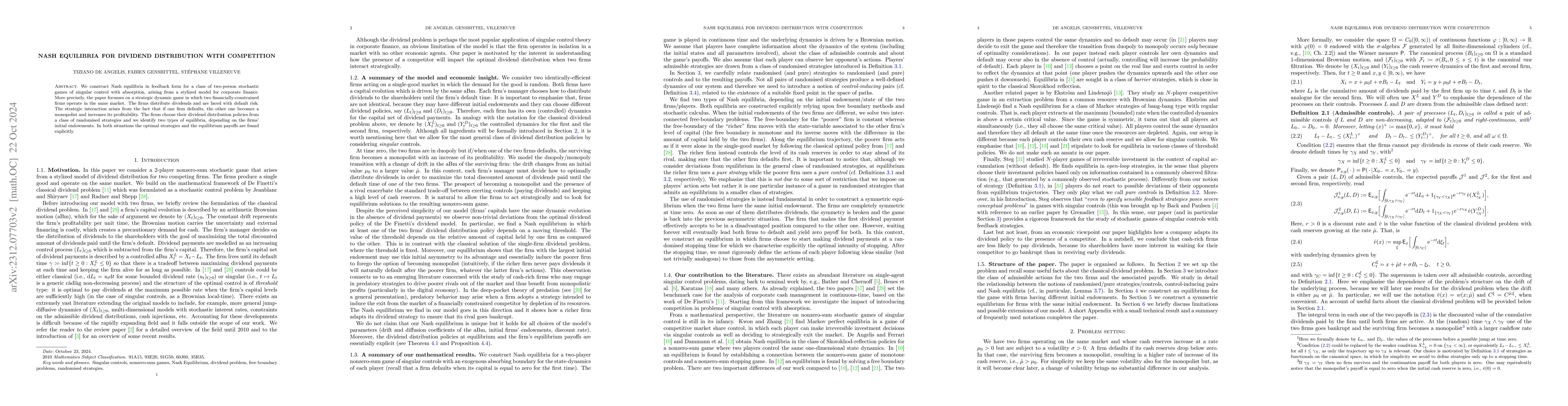 Thumbnail for Nash equilibria for dividend distribution with competition