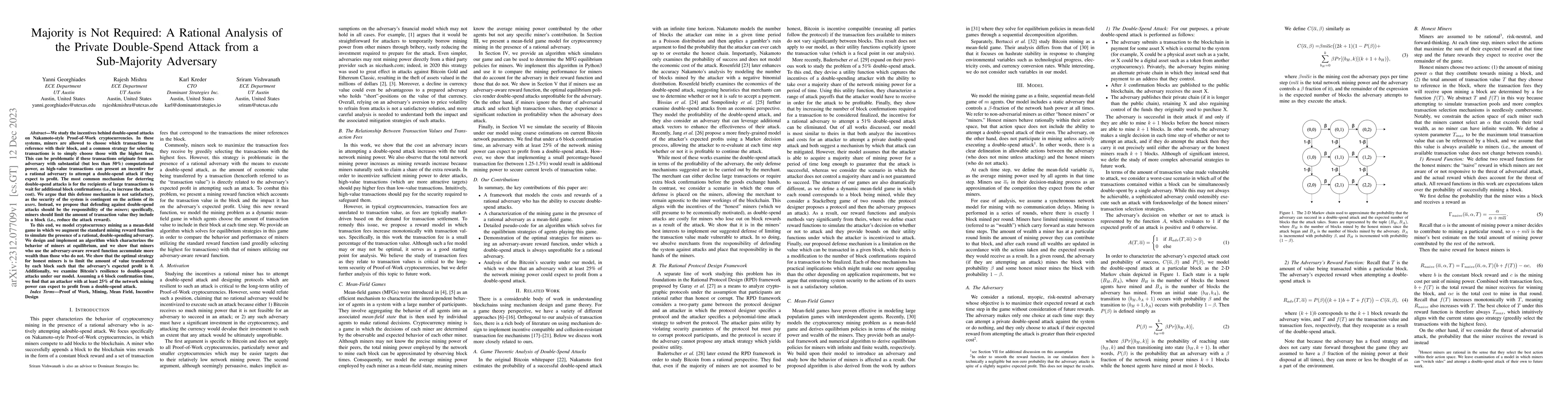 Thumbnail for Majority is Not Required: A Rational Analysis of the Private
  Double-Spend Attack from a Sub-Majority Adversary