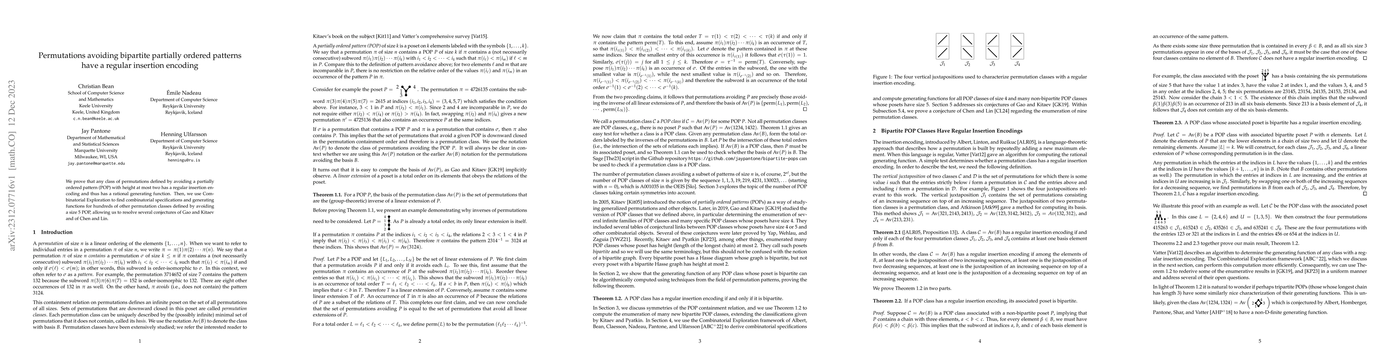 Thumbnail for Permutations avoiding bipartite partially ordered patterns have a
  regular insertion encoding