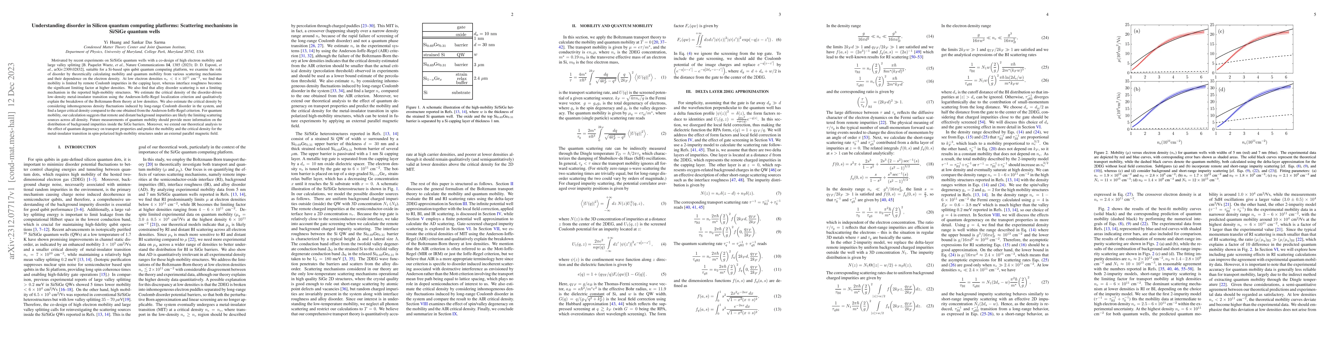 Thumbnail for Understanding disorder in Silicon quantum computing platforms:
  Scattering mechanisms in Si/SiGe quantum wells