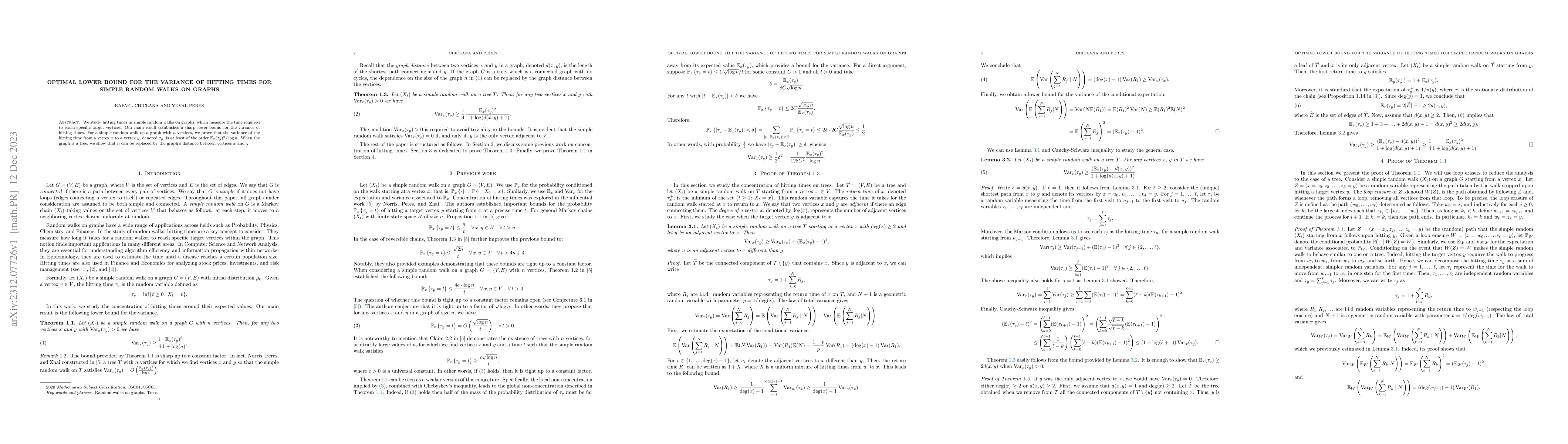 Thumbnail for Optimal lower bound for the variance of hitting times for simple random
  walks on graphs