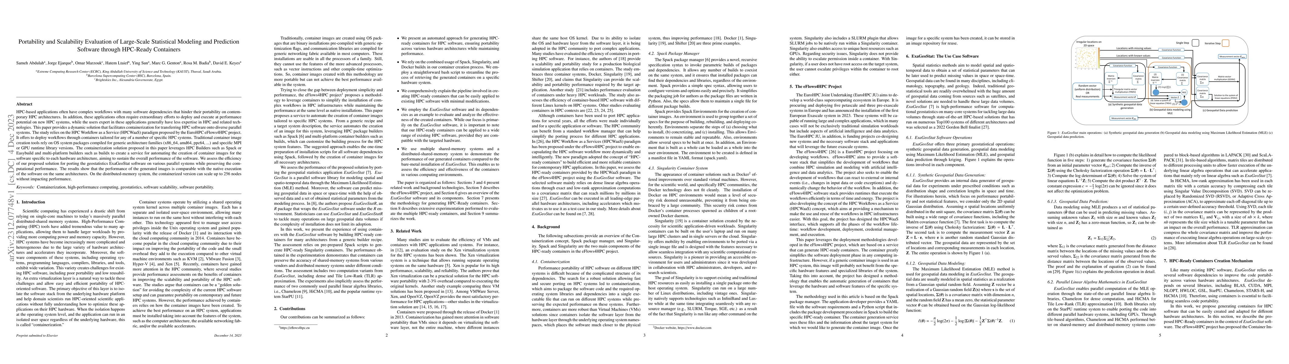Thumbnail for Portability and Scalability Evaluation of Large-Scale Statistical
  Modeling and Prediction Software through HPC-Ready Containers