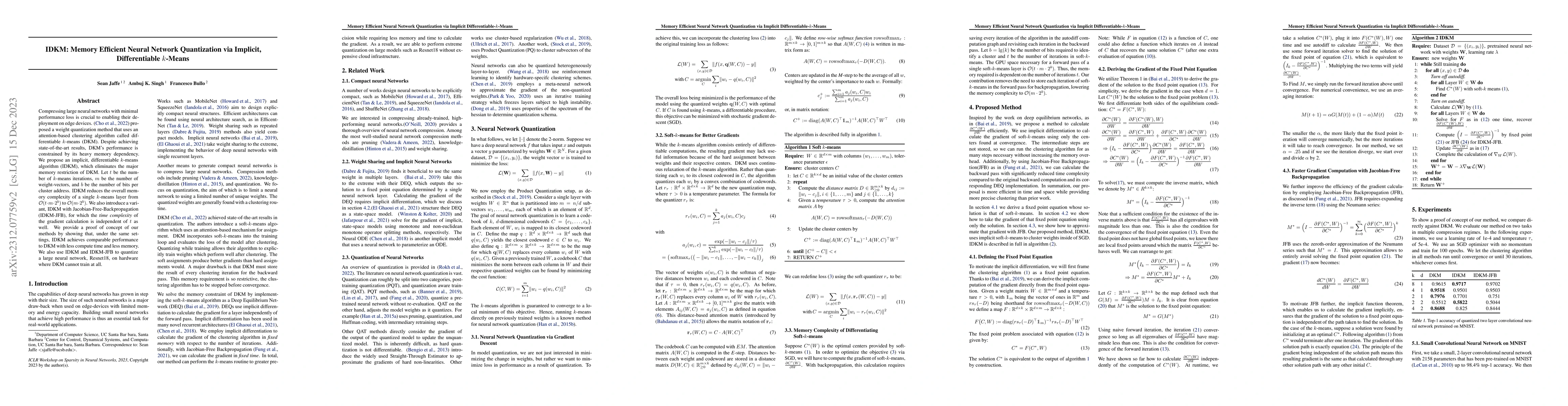 Thumbnail for IDKM: Memory Efficient Neural Network Quantization via Implicit,
  Differentiable k-Means