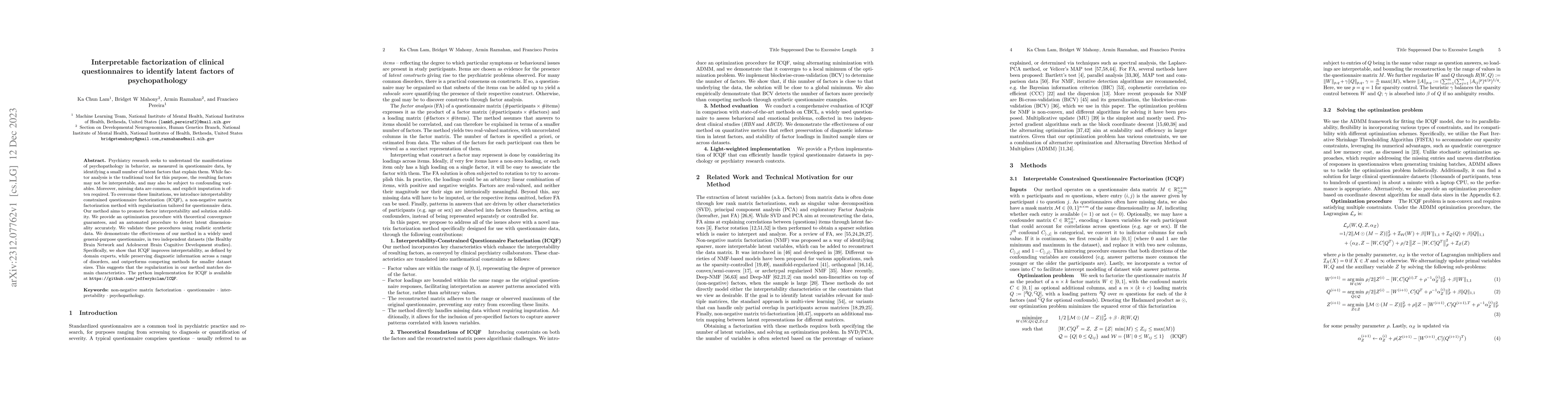 Thumbnail for Interpretable factorization of clinical questionnaires to identify
  latent factors of psychopathology
