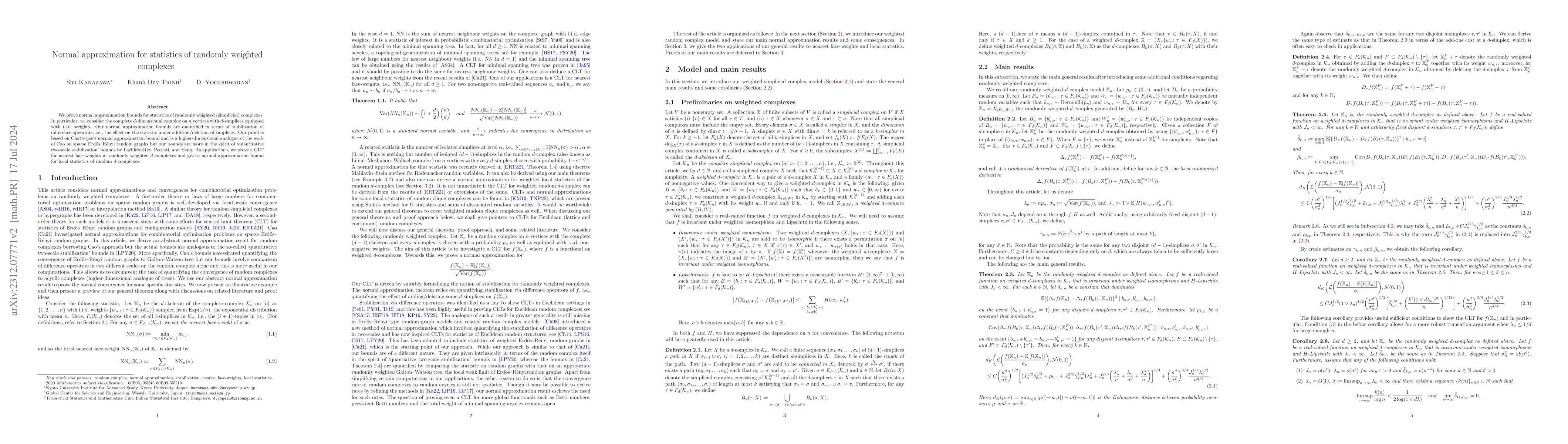 Thumbnail for Normal approximation for statistics of randomly weighted complexes