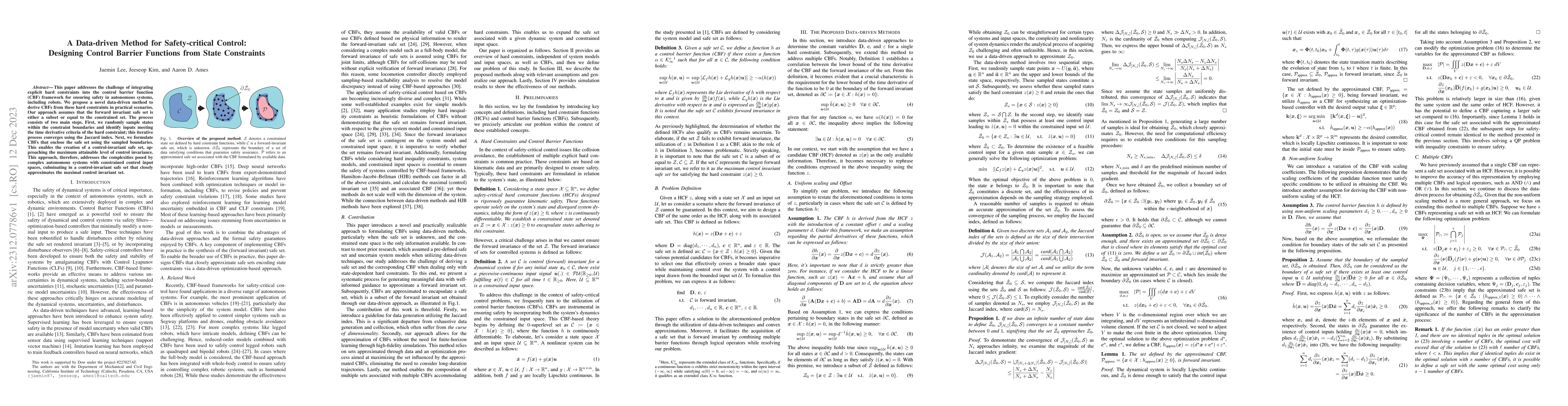 Thumbnail for A Data-driven Method for Safety-critical Control: Designing Control
  Barrier Functions from State Constraints