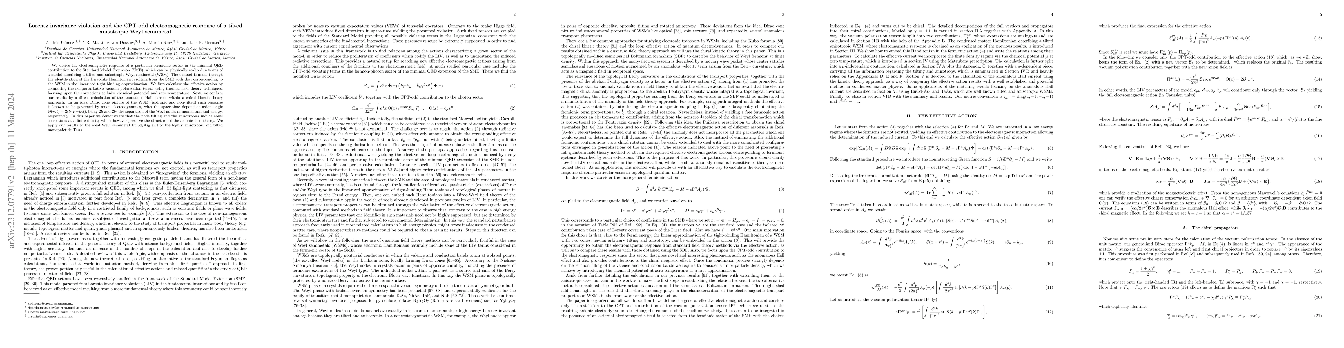 Thumbnail for Lorentz invariance violation and the CPT-odd electromagnetic response of
  a tilted anisotropic Weyl semimetal