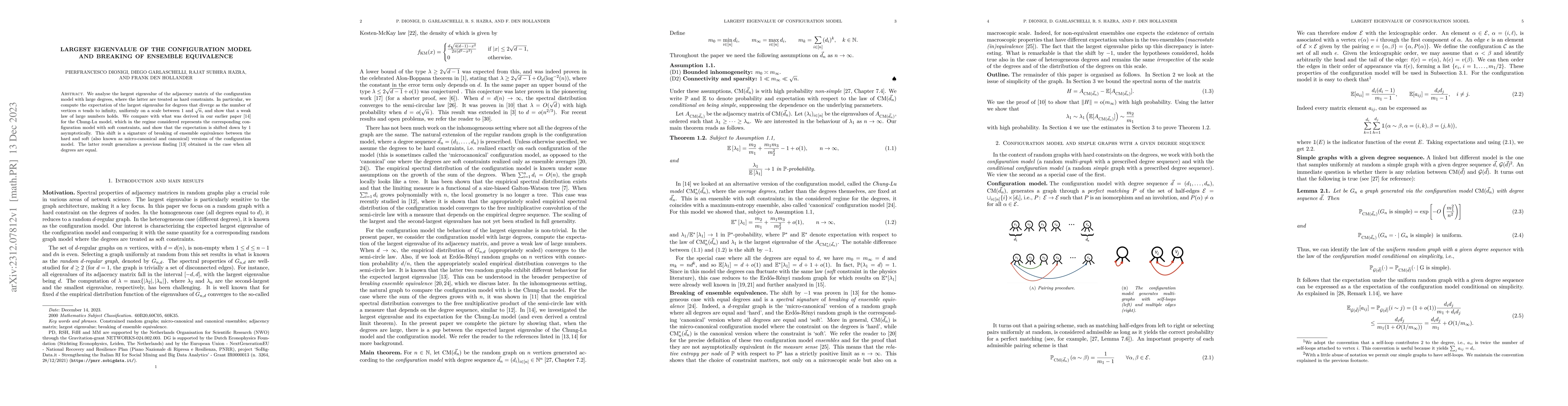 Thumbnail for Largest Eigenvalue of the Configuration Model and Breaking of Ensemble
  Equivalence