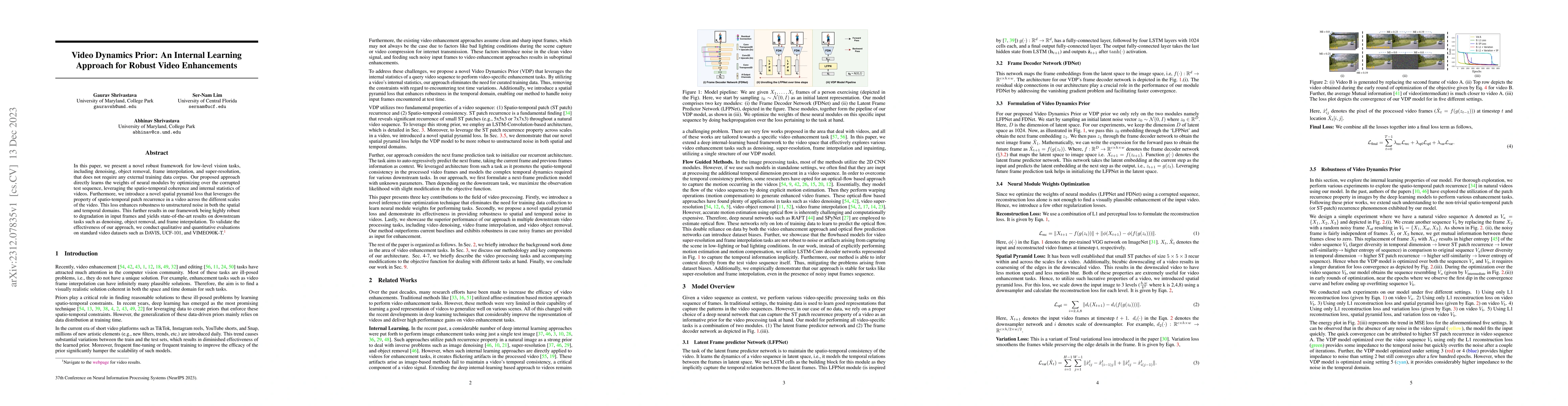 Thumbnail for Video Dynamics Prior: An Internal Learning Approach for Robust Video
  Enhancements