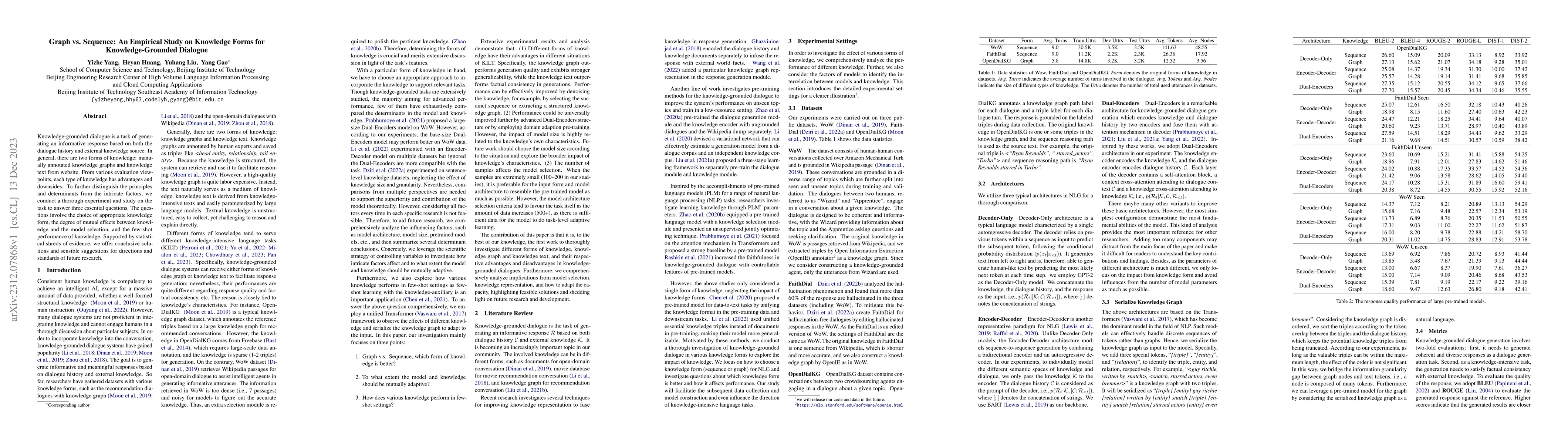 Thumbnail for Graph vs. Sequence: An Empirical Study on Knowledge Forms for
  Knowledge-Grounded Dialogue