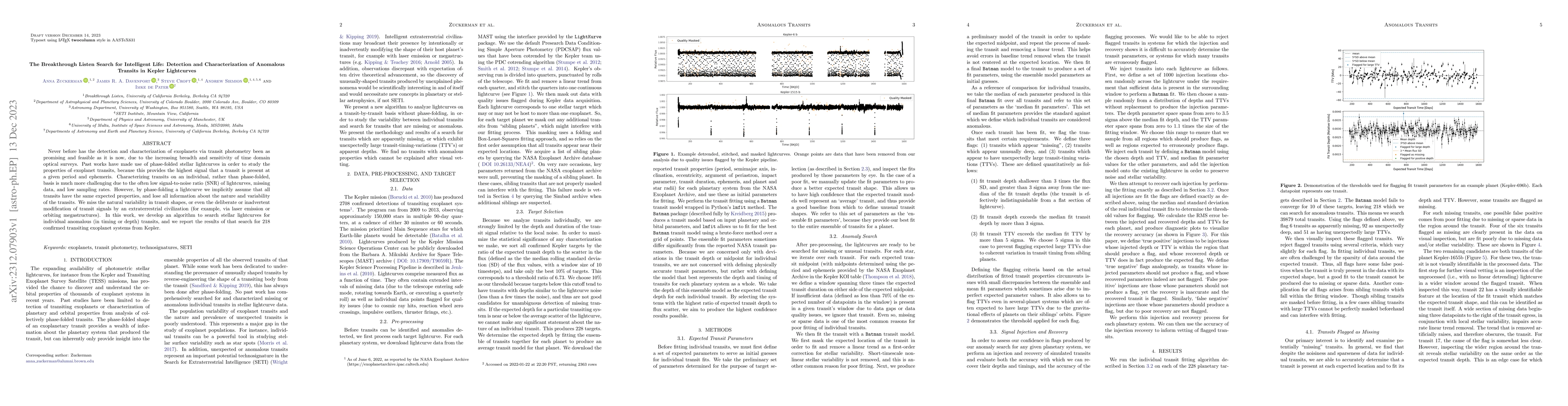 Thumbnail for The Breakthrough Listen Search for Intelligent Life: Detection and
  Characterization of Anomalous Transits in Kepler Lightcurves