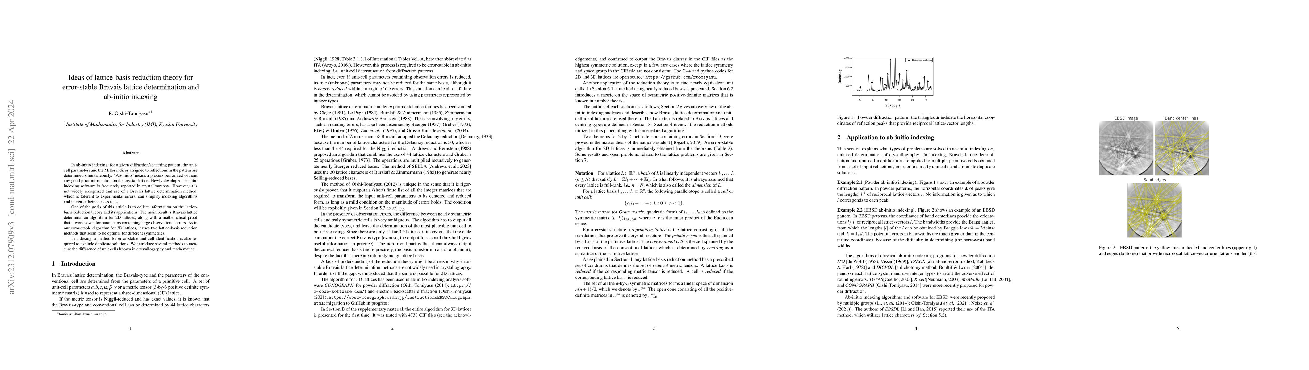 Thumbnail for Ideas of lattice-basis reduction theory for error-stable Bravais lattice
  determination and ab-initio indexing