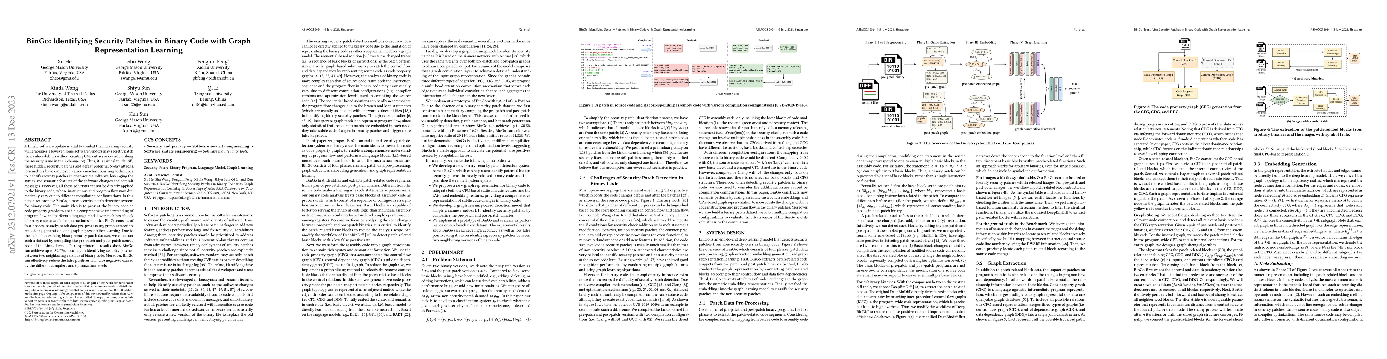 Thumbnail for BinGo: Identifying Security Patches in Binary Code with Graph
  Representation Learning