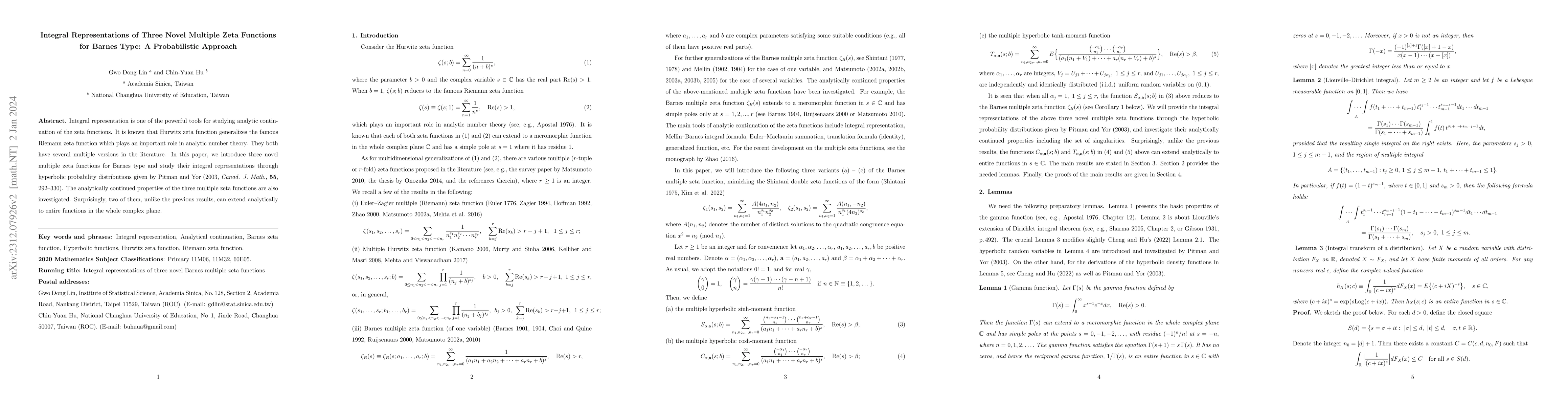 Thumbnail for Integral Representations of Three Novel Multiple Zeta Functions for
  Barnes Type: A Probabilistic Approach