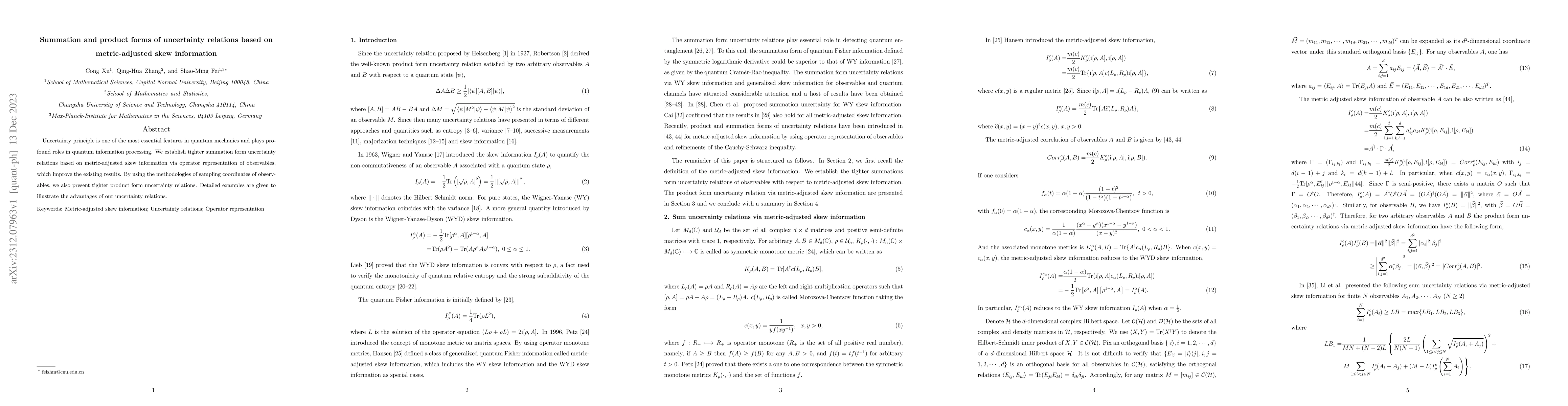 Thumbnail for Summation and product forms of uncertainty relations based on
  metric-adjusted skew information