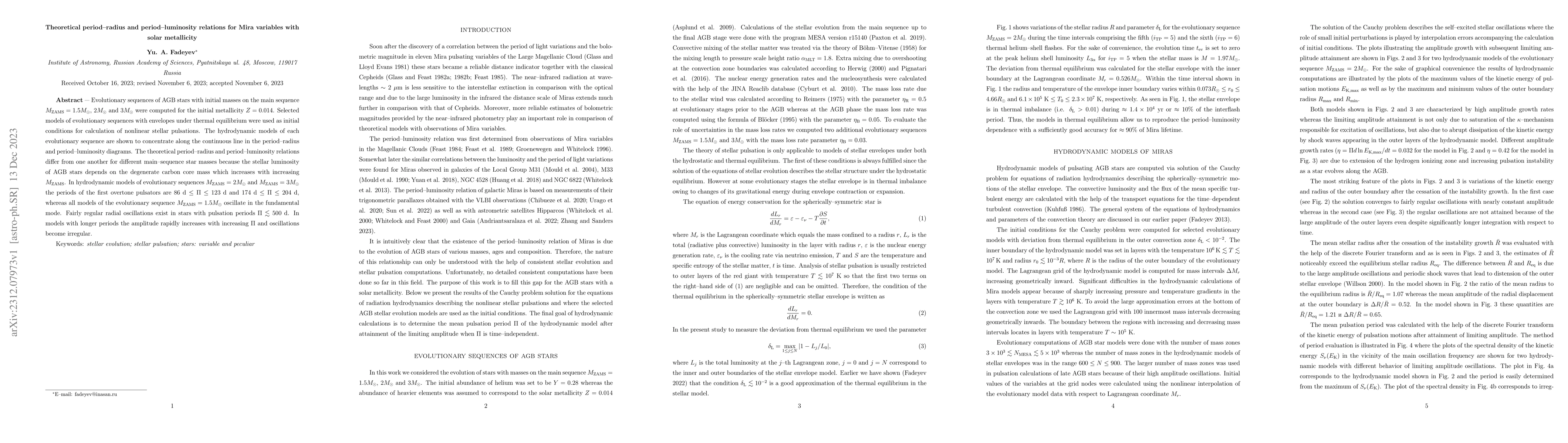 Thumbnail for Theoretical period-radius and period-luminosity relations for Mira
  variables with solar metallicity
